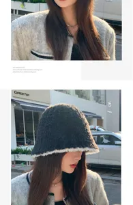 Détail du chapeau seau en peluche, douce casquette d'hiver, coiffe chaude et élégante.