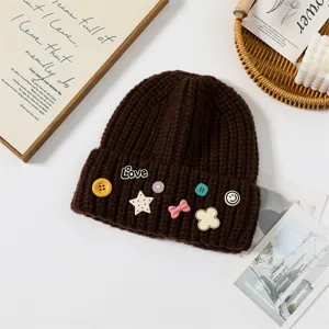 Brown knitted beanie hat for women with cute badges winter warm thick soft headwear