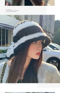 Chapeau bob en peluche rayé noir et blanc, chapeau de pêcheur chaud d'hiver pour femmes.