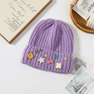 Korean style cute purple knitted wool beanie hat for women autumn winter warm thick hat