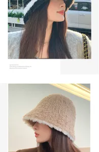 Détail de chapeau bob en peluche élégante, bonnet pêcheur hiver douillet gros plan