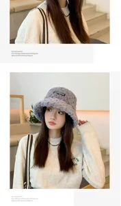 Detailed view of winter thick plush faux mink fur bucket hat in grey, soft and warm design.