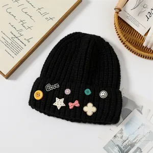 Cute Korean style black knitted beanie hat with lovely decorative pins, warm and cozy winter hat.