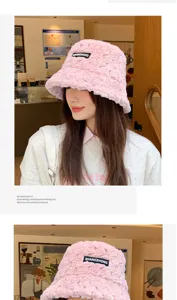 Winter warm pink plush bucket hat for women, cute Japanese style soft furry fisherman hat