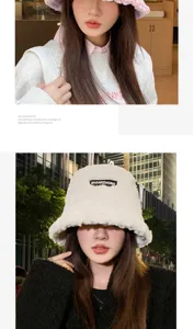 Winter warm plush bucket hat for women, soft furry casual fisherman cap, thick cozy streetwear.