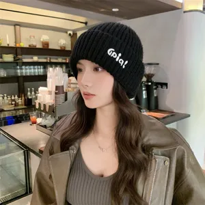 Black ribbed knit beanie winter warm hat stylish embroidered letter casual cap streetwear
