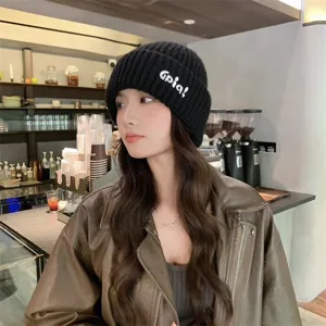 Korean style letter embroidered knitted beanie, warm autumn winter casual pull-on hat detail.