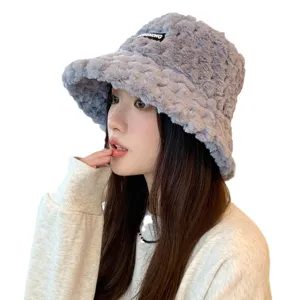 Winter plush bucket hat for women, thick warm faux mink fur fisherman cap, cozy grey casual style.