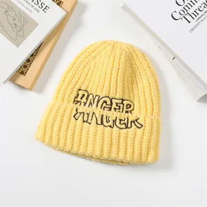 Yellow knitted beanie for women, cozy winter warm fashion streetwear embroidered casual cap.