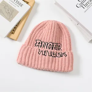 Pink knitted beanie hat for women, cute winter warm thick slouchy skull cap with embroidery.