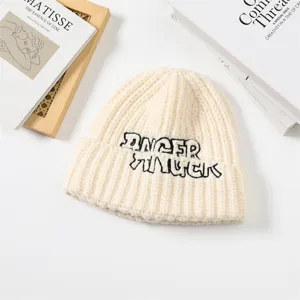Korean style cute knitted beanie for women, thick warm winter hat with embroidered letters.