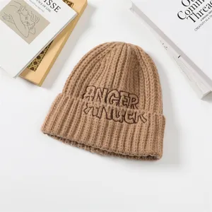Brown knitted beanie hat for women, winter warm cuffed solid color slouchy ribbed knit ski cap.