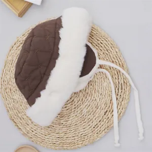 Brown quilted trapper hat detail, winter warm plush earflap cap with windproof ties.