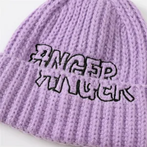 Stylish purple knit beanie for women, warm winter ribbed hat with cool embroidered front text.