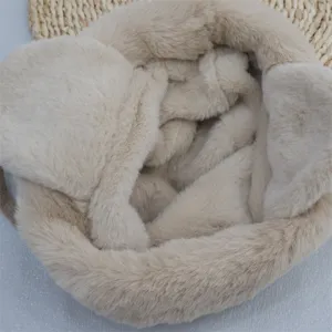 Detail view of winter warm plush earflap bucket hat, thick fleece-lined cozy windproof hat.