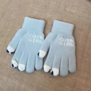 Cute cat paw knit touch screen gloves detail, winter warm soft woolen thermal mittens view