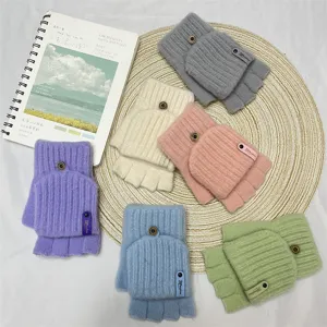 Knitted half-finger convertible gloves for women, warm winter thermal fleece touch screen mitten.