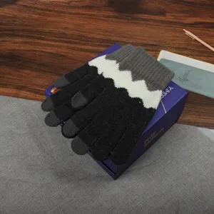 Damen Winter warme Strickhandschuhe mit Touchscreen-Fingerspitzen, graues Zickzack-Muster dick