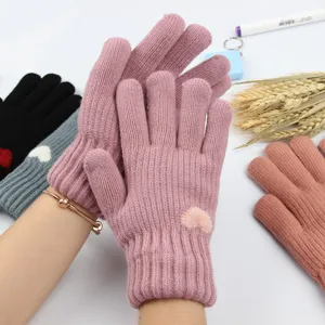 Thickened double layer winter warm gloves for women knitted wool lined cute heart design