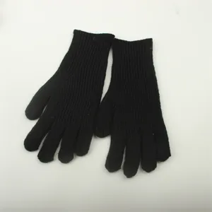 Close-up detail of black knitted gloves showing fine texture and warm winter material.