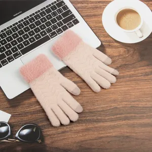Women winter touch screen knit gloves with plush fluffy cuff cozy warm outdoor mittens for lady