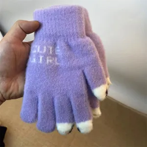 Winter purple knitted touch screen gloves for women with cute girl letter knit design.