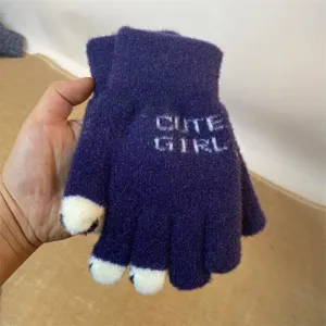 Women winter warm knitted gloves cute cat paw design thick touch screen purple gloves