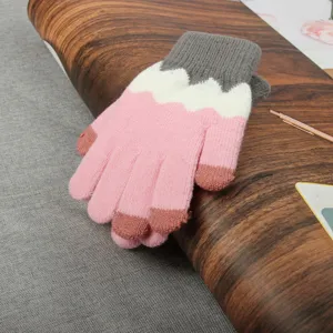 Damen Winter warme Strickhandschuhe Touchscreen rosa grau Farbblock dicke Fäustlinge neu