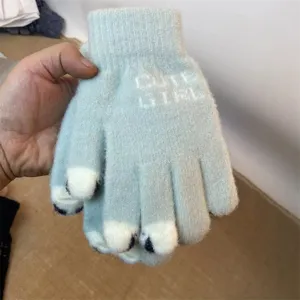 Cute cartoon cat paw knit touch screen gloves for women, warm winter thermal fleece lined.