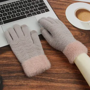 Winter women knit touchscreen gloves with plush cuffs warm grey and pink winter outdoor wear