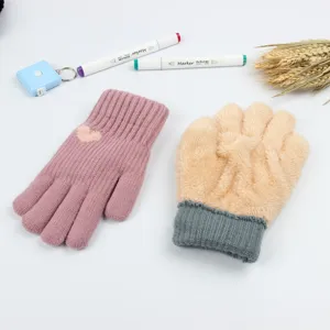Detailed view of women winter thick warm knitted gloves, cozy fleece plush design for cold days.