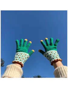 Gants en tricot tactile pour femmes automne hiver rétro mignons gants chauds à cinq doigts