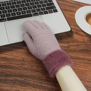 Women winter warm touch screen knit gloves with plush cuff, soft and comfortable for outdoor use.