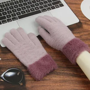 Women winter warm touch screen knit gloves with plush furry cuffs casual outdoor wear