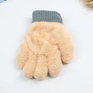Close-up view of plush-lined knit winter gloves, showing soft warm texture and cuffs.