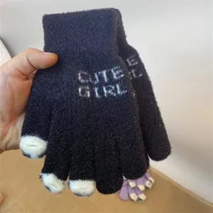 Winter warm thick knitted touchscreen gloves for women with cute cat paw design and letter print.