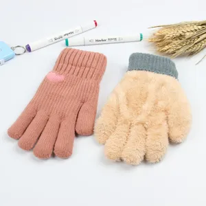 Women thick double layer winter warm knitted gloves detail view, soft plush wool lining.