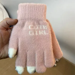 Women winter pink knitted touch screen warm gloves with cute girl letter knit design.
