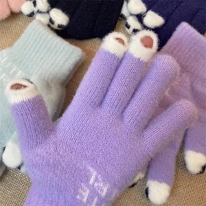 Cute cat paw knit gloves for women winter warm touch screen three finger open knit wool gloves