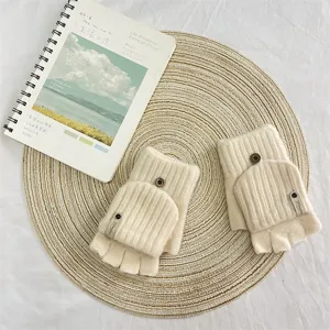 Women winter warm knit fingerless convertible gloves, thick half finger woolen mittens.