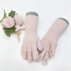 Guanti invernali caldi in peluche da donna polsino lungo lavorato a maglia stile dolce dettaglio