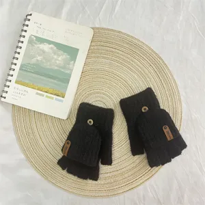 Close-up of women winter warm convertible fingerless knit gloves showing cozy texture and buttons.