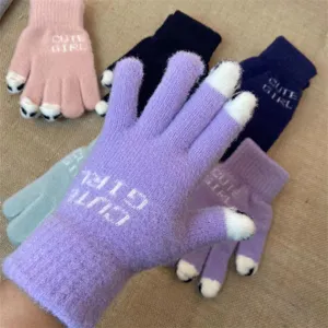 Women winter warm knitted touchscreen gloves cute cat claw design soft wool thermal mittens