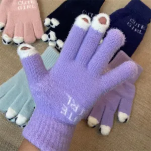 Cute knitted touchscreen gloves for women, warm winter plush gloves with cat paw design.