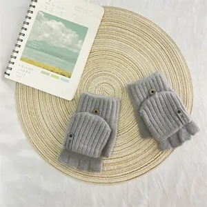 Grey half finger flip cover knit gloves detail view, winter warm outdoor touchscreen gloves.