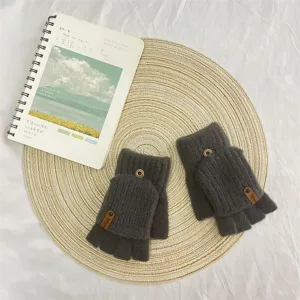 Women Winter Warm Fingerless Knit Gloves Convertible Flip Top Mittens Dark Grey.