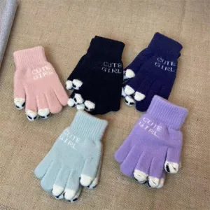 Women Winter Warm Thickened Fleece Lined Knit Touchscreen Gloves Cute Cat Claw Jacquard Convertible Fingerless Mittens