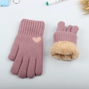 Thickened double-layer winter warm women's knit gloves with plush fleece lining and heart design.