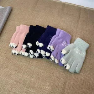 Details of cute cat paw knit gloves, warm winter touch screen wool gloves with lovely finger designs.
