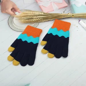 Damen Strick Winter warme Touchscreen Handschuhe mit buntem Wellenmuster und dickem Design.